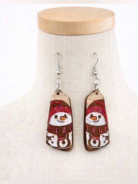Handmade Wooden Snowman Christmas Dangle Earrings Hand Painted Winter Holiday
